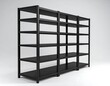 © Jaih - A modular shelving unit with four columns and multiple tiers. The unit is made of dark metal and stands on a plain white backdrop