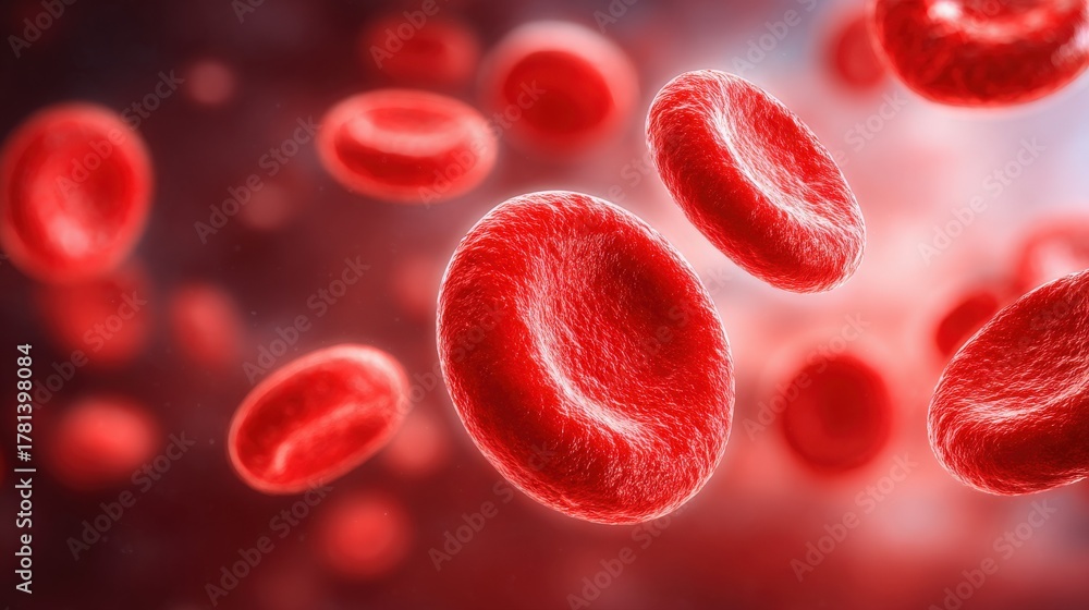 Red blood cells float in a vivid background, illustrating their unique shape and transport function in the bloodstream. This scene captures the complexity of human biology and oxygen delivery.