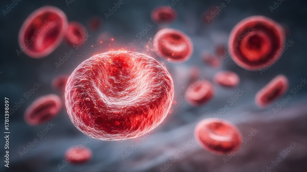 Red blood cells are shown flowing through a blood vessel, highlighting their unique shape and color.