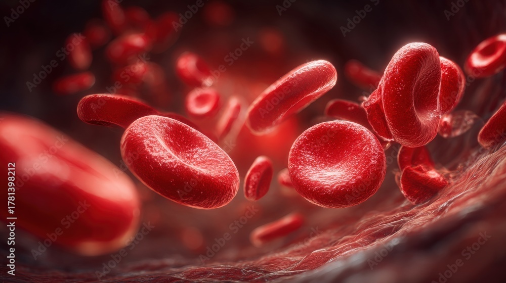 This scene depicts red blood cells flowing seamlessly through blood vessels, highlighting their crucial role in transporting oxygen. The pulsating movement illustrates internal circulation.