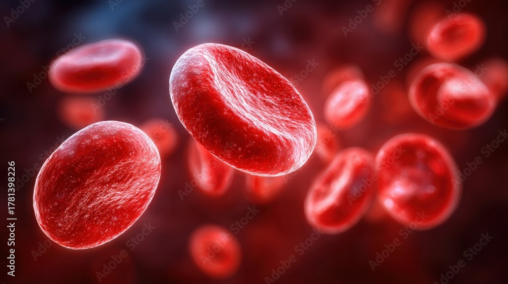 Red blood cells travel through the bloodstream, showcasing their distinct shapes. The close-up view highlights their vital role in oxygen transport within the body.