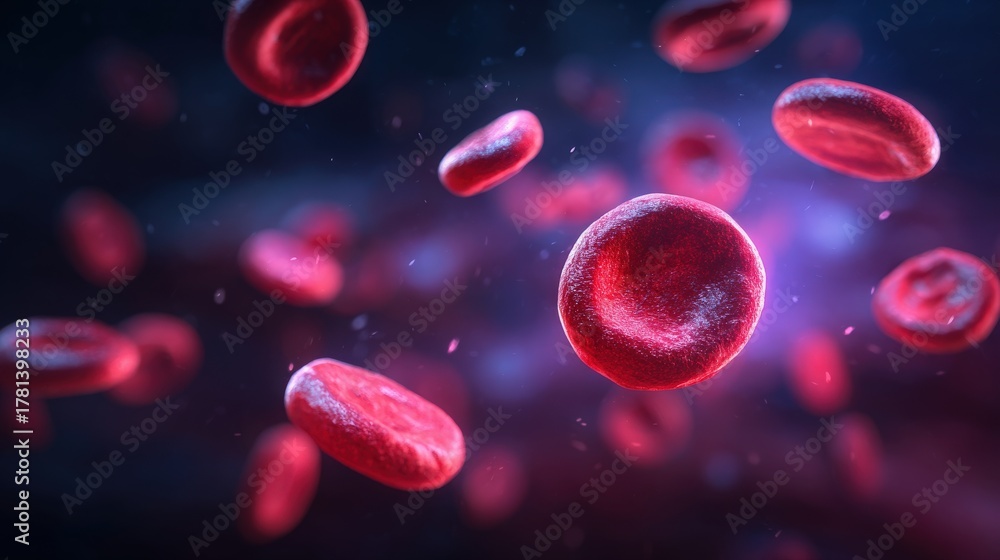 Red blood cells are floating in a dark space, illuminated by a soft light. They are round and biconcave in shape, creating a striking contrast against the background.