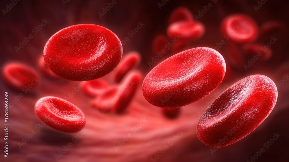 Red blood cells move through blood vessels, delivering oxygen throughout the body. The vibrant color and unique shape of these cells highlight their crucial role in maintaining health.
