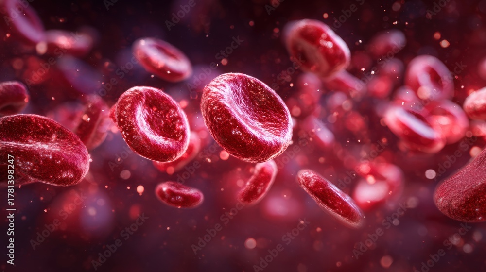 This scene depicts red blood cells flowing through the bloodstream. The vibrant red color and dynamic movement illustrate the vital role they play in the circulatory system, transporting oxygen.
