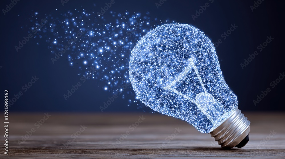 A light bulb made of sparkling particles emits a soft glow against a dark backdrop. The design conveys inspiration and creativity with its ethereal appearance.