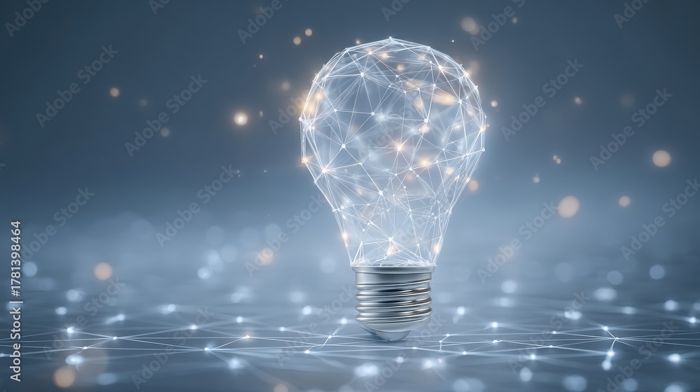 A light bulb made of interconnected lines and glowing dots is showcased against a soft blue background. This artistic representation symbolizes innovation and bright ideas.