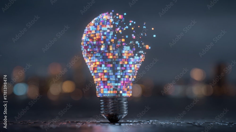 A vibrant light bulb made of colorful pixels emerges against a blurred city skyline at dusk. The scene conveys a sense of creativity, technology, and modern possibilities.