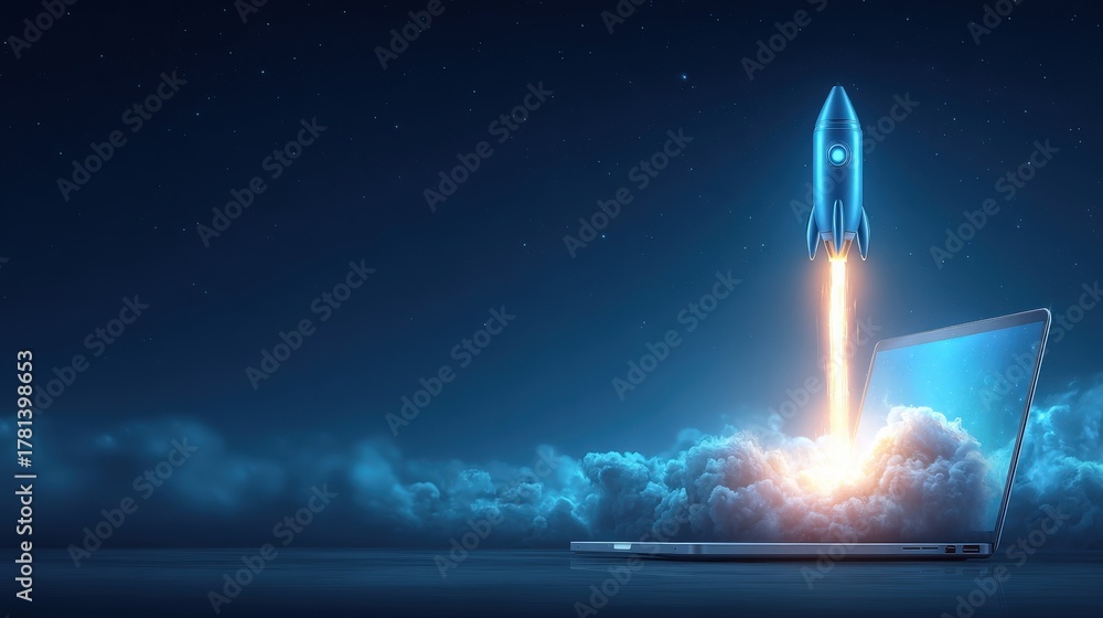 A blue rocket is taking off from a laptop screen, surrounded by clouds and a starry night sky. This scene represents the merging of technology and imagination, illustrating innovation.