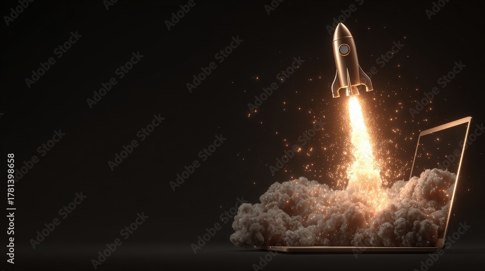 A sleek rocket shoots upward from a laptop, surrounded by clouds of smoke and sparkles. This scene represents the fusion of technology and imagination, inspiring innovation and progress.