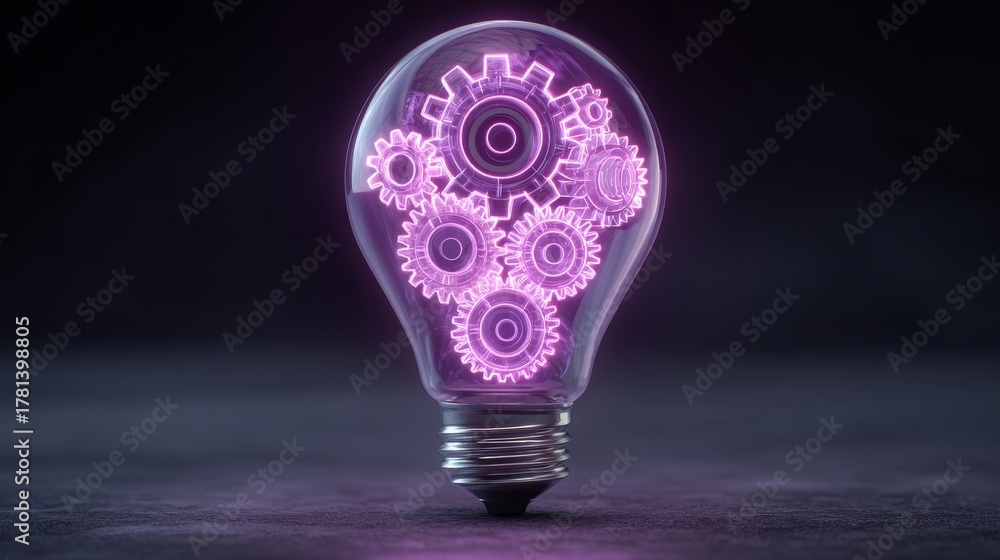 Light bulb filled with glowing purple gears represents creativity and innovation. This design symbolizes new ideas and technological advancements in a modern setting.