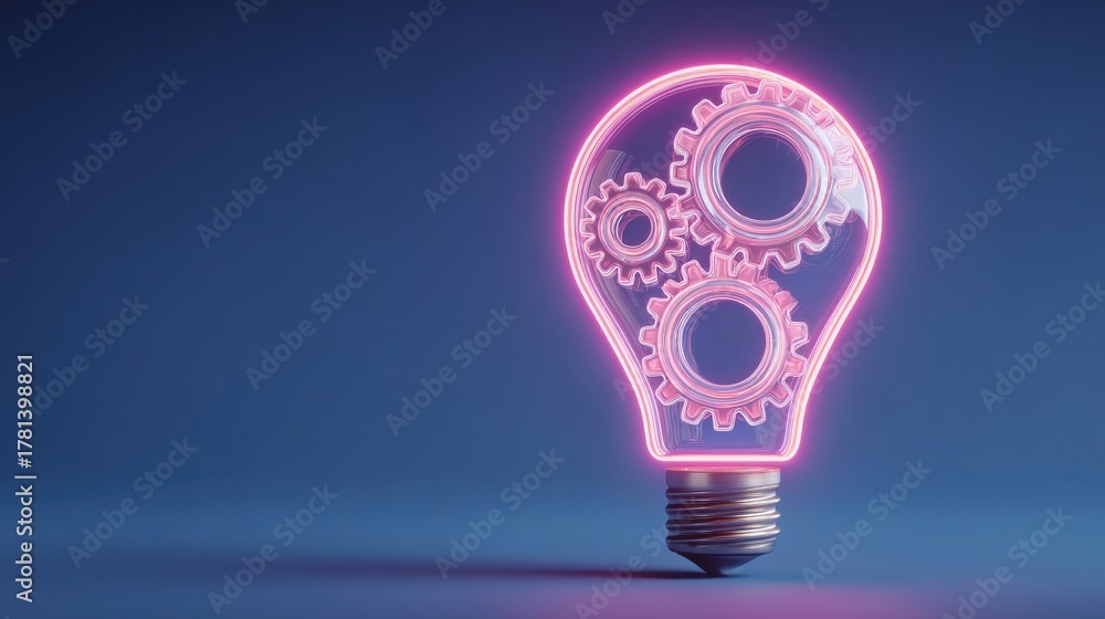 A glowing light bulb design features several gears inside, symbolizing creativity and innovation.