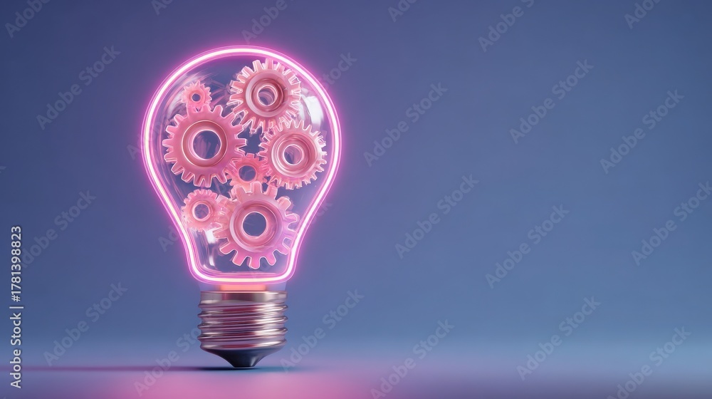 A unique light bulb design showcases a transparent bulb with glowing pink gears inside. The background is softly lit, emphasizing the creativity and innovation represented by the gears in the bulb.