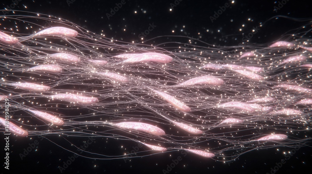 The scene showcases a large group of sperm-like cells moving energetically through a dark and shimmering environment.