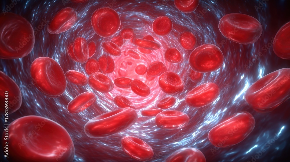 A close-up view shows red blood cells moving swiftly through a blood vessel. The vibrant red cells swirl around a bright background, illustrating the complex interior of the human circulatory system.