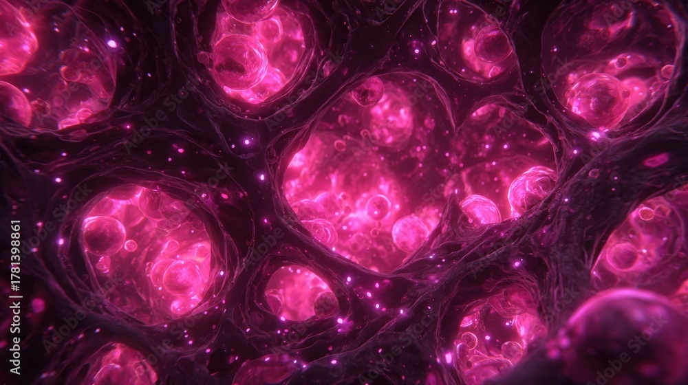 A vivid close-up view of cells illuminated by pink light reveals their intricate structures and patterns. The unique shapes and forms are showcased within a dark background.