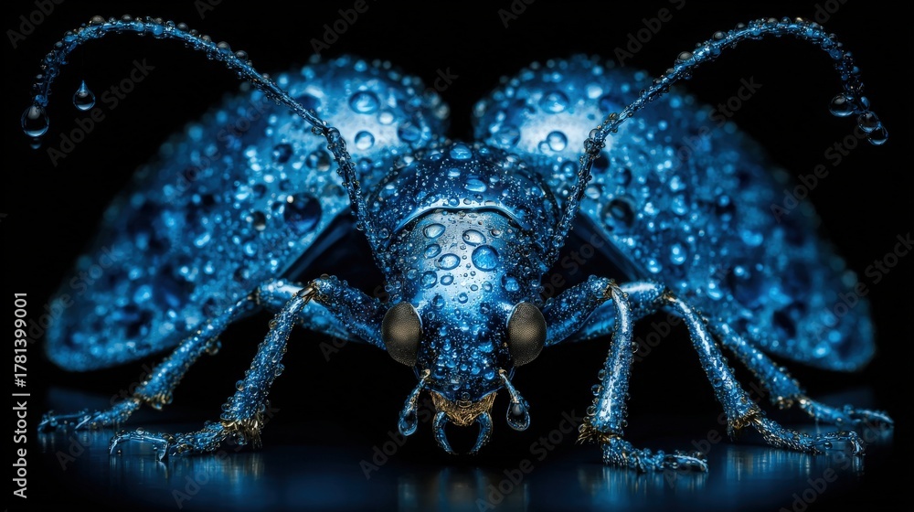 A vibrant blue insect stands out against a dark backdrop, its body glistening with water droplets. The intricate details and textures of the insects wings and features are clearly visible.