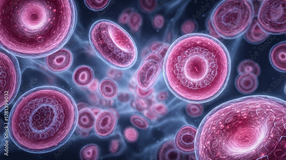 Colorful cells floating in a dark background, highlighting their intricate structures and biological functions. The visual emphasizes the beauty of microscopic life.