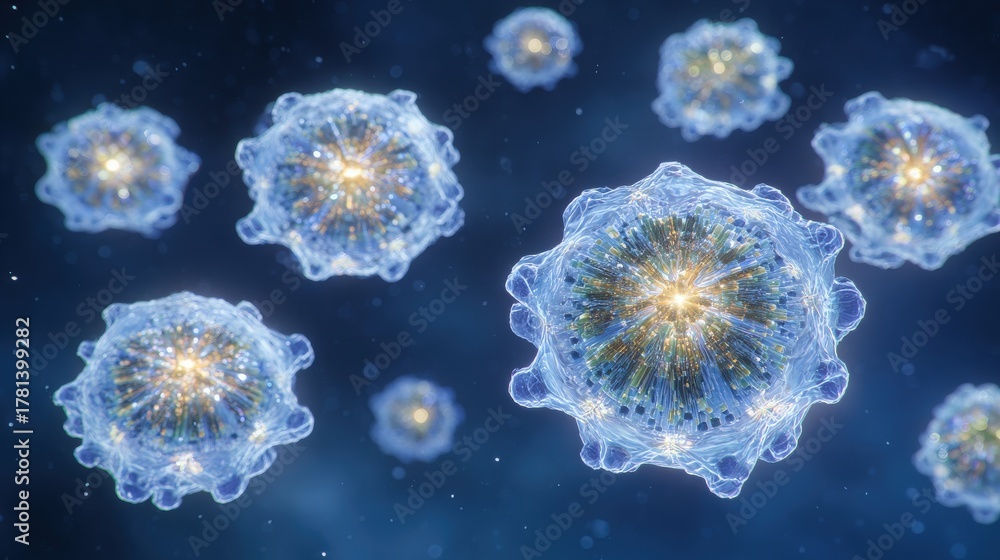 Glowing microorganisms are seen floating in a dark blue space. Each cell emits an array of light, showcasing a mixture of colors and textures. The scene captures the beauty of microscopic life.