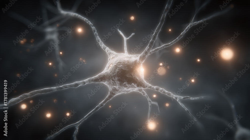 The image shows a close-up view of a neuron, showcasing its complex structure with long, branching connections.
