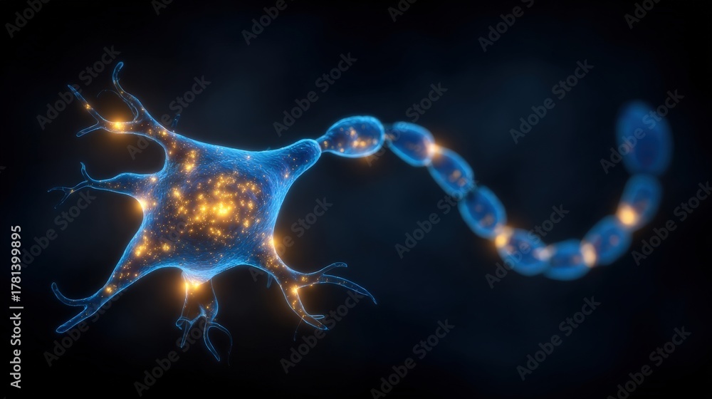 This visual displays a neuron with its distinctive shape, glowing with lights to signify electrical signals. The background is dark, emphasizing the neurons structure and connections.