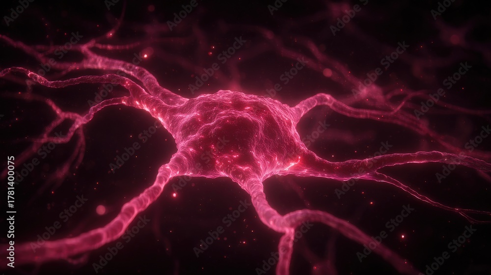 A network of neurons is displayed in bright pink hues, showcasing intricate connections. This close-up view highlights the complexities of neural structures, revealing their captivating beauty.