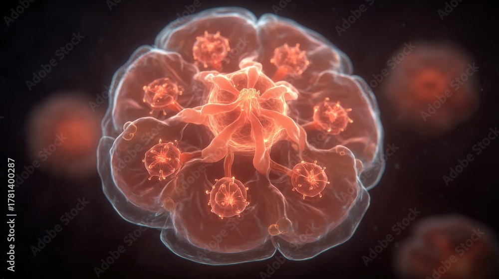 This stunning view showcases a microscopic organism with a complex structure. Its intricate shapes and vivid colors demonstrate the beauty of life at a tiny scale, highlighting biological diversity.