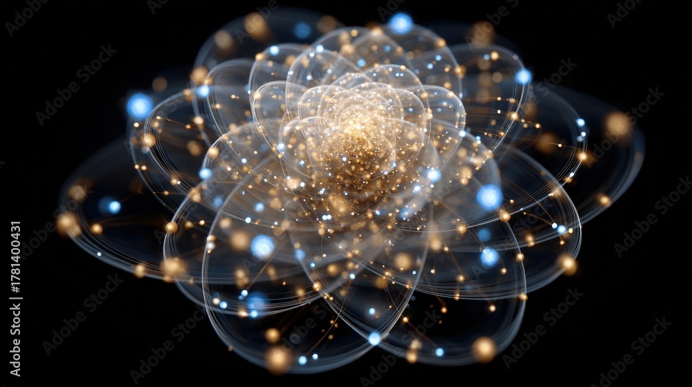 This artwork showcases a luminous flower-like structure with swirling lines and glowing particles against a dark background.