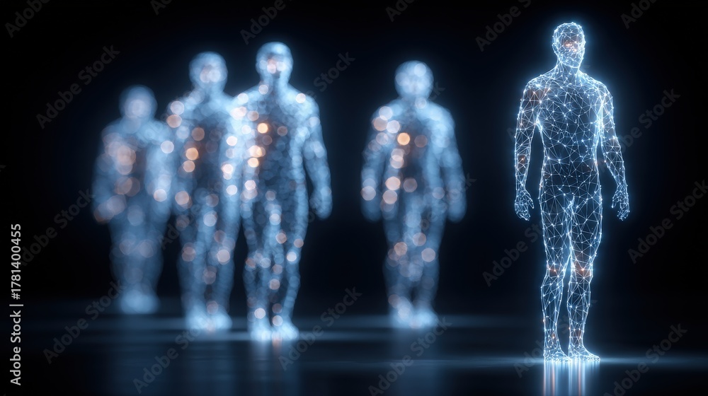 A group of holographic figures appear to walk in a dark, futuristic environment. One figure leads slightly ahead while others trail behind, all glowing with interconnected light patterns.