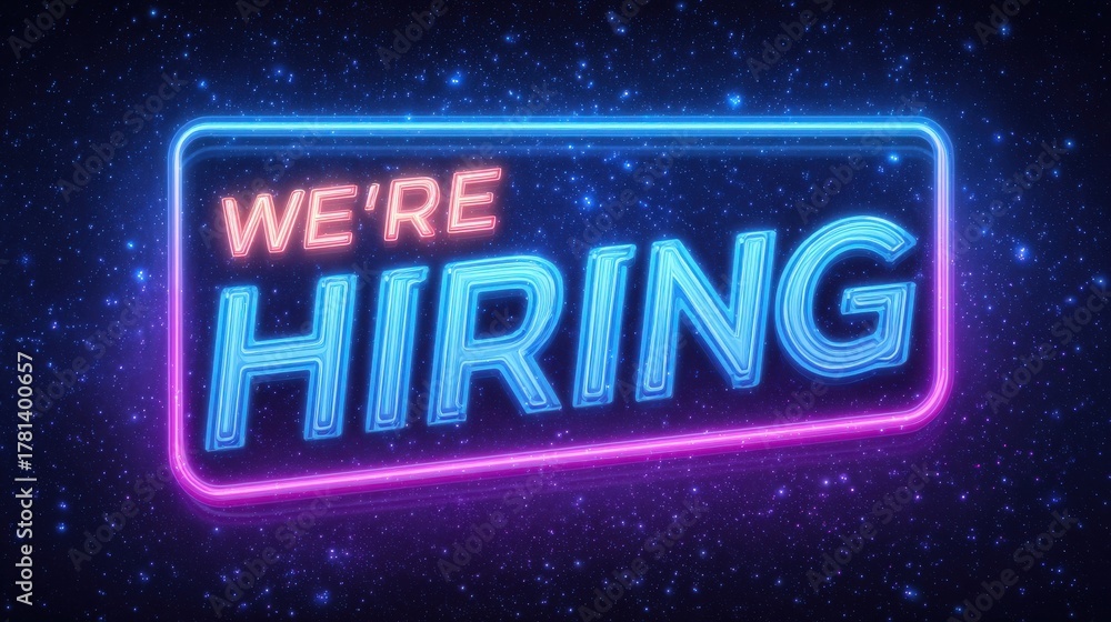 A vibrant neon sign displays the message we are hiring in bold letters. The sign glows brightly against a dark starry backdrop, attracting attention and inviting applicants.
