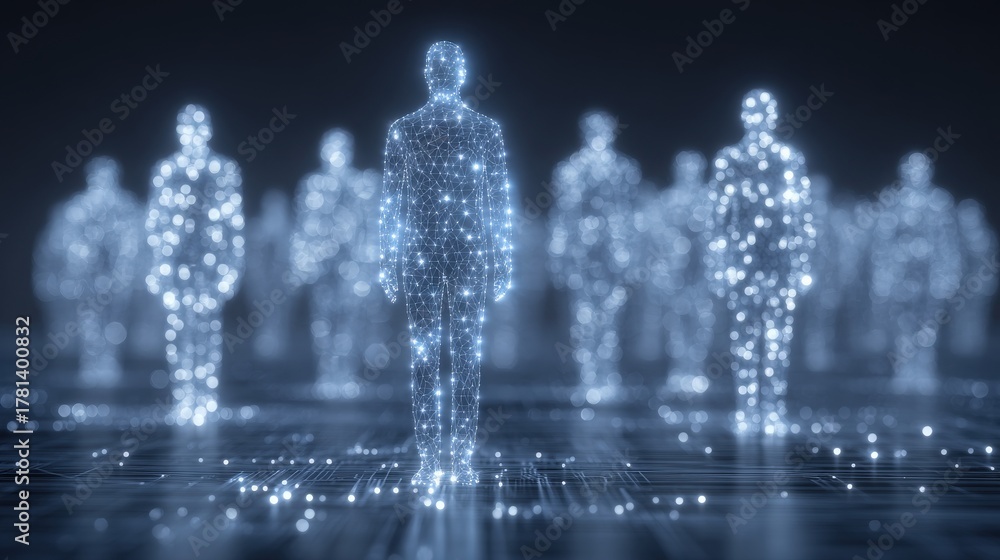 A group of human figures is displayed as holographic silhouettes made of glowing particles. Each figure stands on a circuit-like surface, creating a futuristic and technological atmosphere.