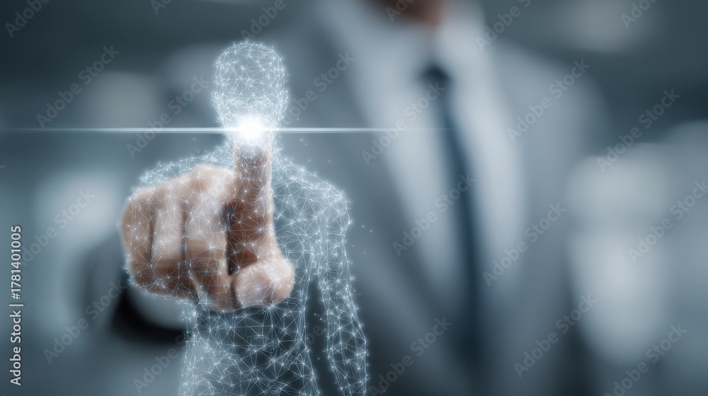 A business professional in a suit is reaching out to touch a glowing holographic figure that appears in front of them. The scene highlights the interaction between technology and modern work.