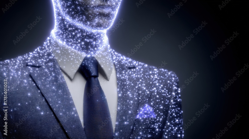 A suited figure is depicted with glowing particles surrounding its silhouette. The dark background enhances the effect, creating a futuristic and abstract appearance.