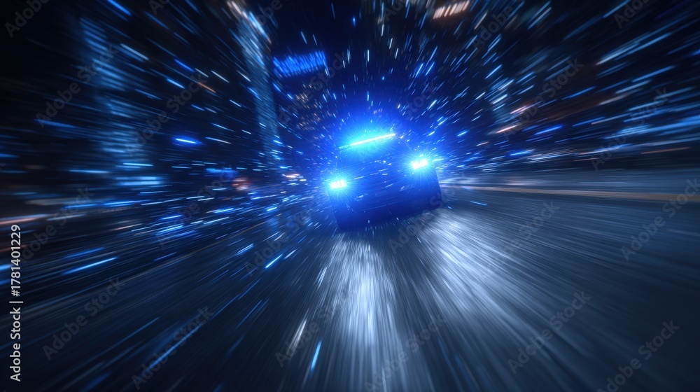 A police car speeds through a vibrant cityscape at night, its blue lights illuminating the surroundings. The brightness creates a sense of urgency and action in the bustling urban environment.
