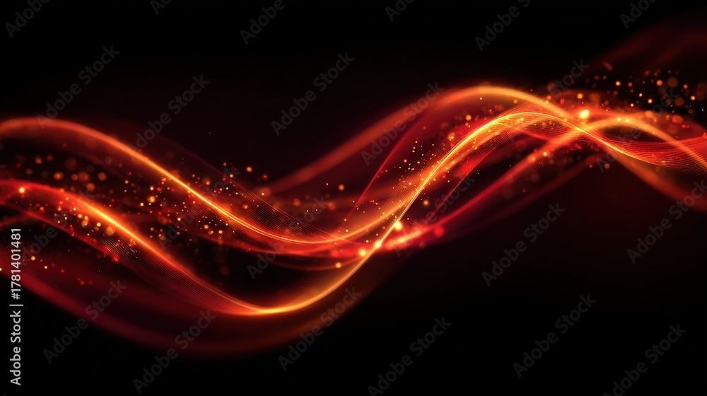 Bright red and orange waves flow smoothly against a dark background, shimmering with tiny sparkles. The design creates an energetic and vibrant atmosphere, capturing movement and excitement.