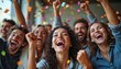© Pete - Diverse business team celebrates with colorful confetti falling. Happy young people cheer, laugh loudly, raise fists in victory. Colleagues enjoy great success together at modern office party.