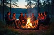 © Pete - Friends talk and laugh around bright campfire in dark forest. Young people enjoy evening, watch flames, relax near lake under starry sky. Summer night camping fun.