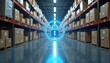© Pete - Secure warehouse storage with locked padlock icon. Rows of shelving units with cardboard boxes. Industrial storage facility with safety, protection concept. Secure cargo management with monitoring,