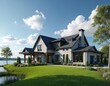 © Pete - Modern stone house near lake water and green grass lawn. Luxury residential building with large windows, dark roof, and chimney. Waterfront property with trees and blue sky.