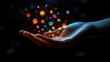 © Donna - Human hand holding glowing colorful digital icons and symbols floating above in a dark background, representing technology and digital communication