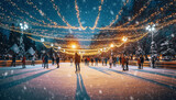 An outdoor ice skating rink with Christmas lights hanging from it, smiling people, and gently falling snow.