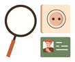 © robu_s - Magnifying glass, electrical outlet, and ID card implying search, examination, verification, energy, or identification. Ideal for security, data analysis authentication verification inspection