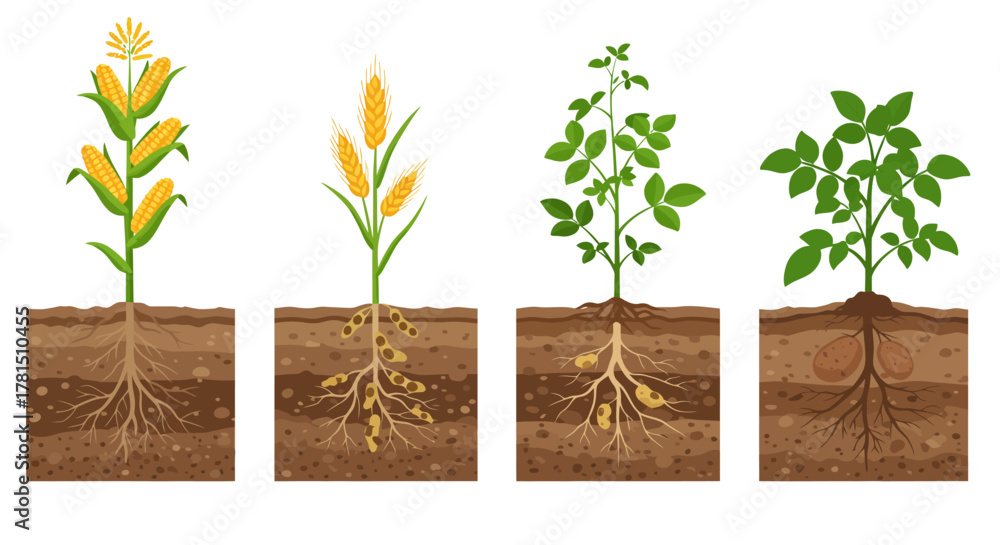 Corn and Potato Plants Detailed Look at Growth and Root Systems Stock ...