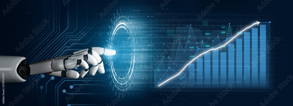 A futuristic robotic hand interacts with a digital display showcasing ...