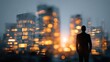 © nilanka - A businessman stands before a glowing city skyline at sunset, symbolizing ambition, finance, and opportunity in the modern corporate world
