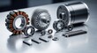 © Suryani - Collection of precision motor and engine components including stator, bearings, and heat sink