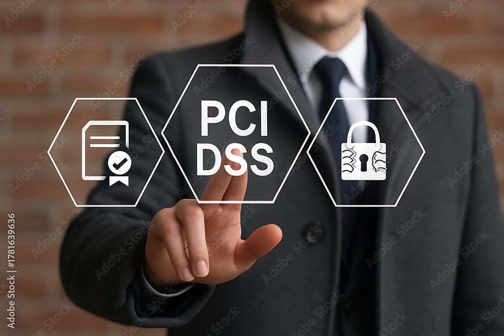Concept of PCI DSS - Payment Card Industry Data Security Standard. Businessman using virtual touchscreen pressing PCI DSS abbreviation