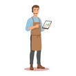© Adkia - Male worker in an apron and headset pointing at a business chart on a digital tablet.