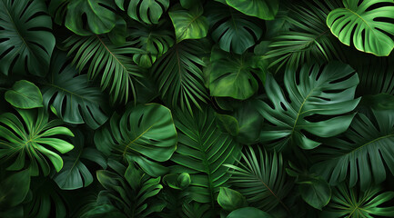  Beautiful green tropical plants and leaves background. Generative AI