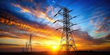energy, industry, structure, utilities, medium shot, urban, landscape, technology, power, A medium shot stock photo of a high voltage tower against a stunning sky sunrise background