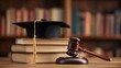 © afsana - Achieve legal success with a graduation cap, gavel, and stacked books symbolizing education and justice in a library setting